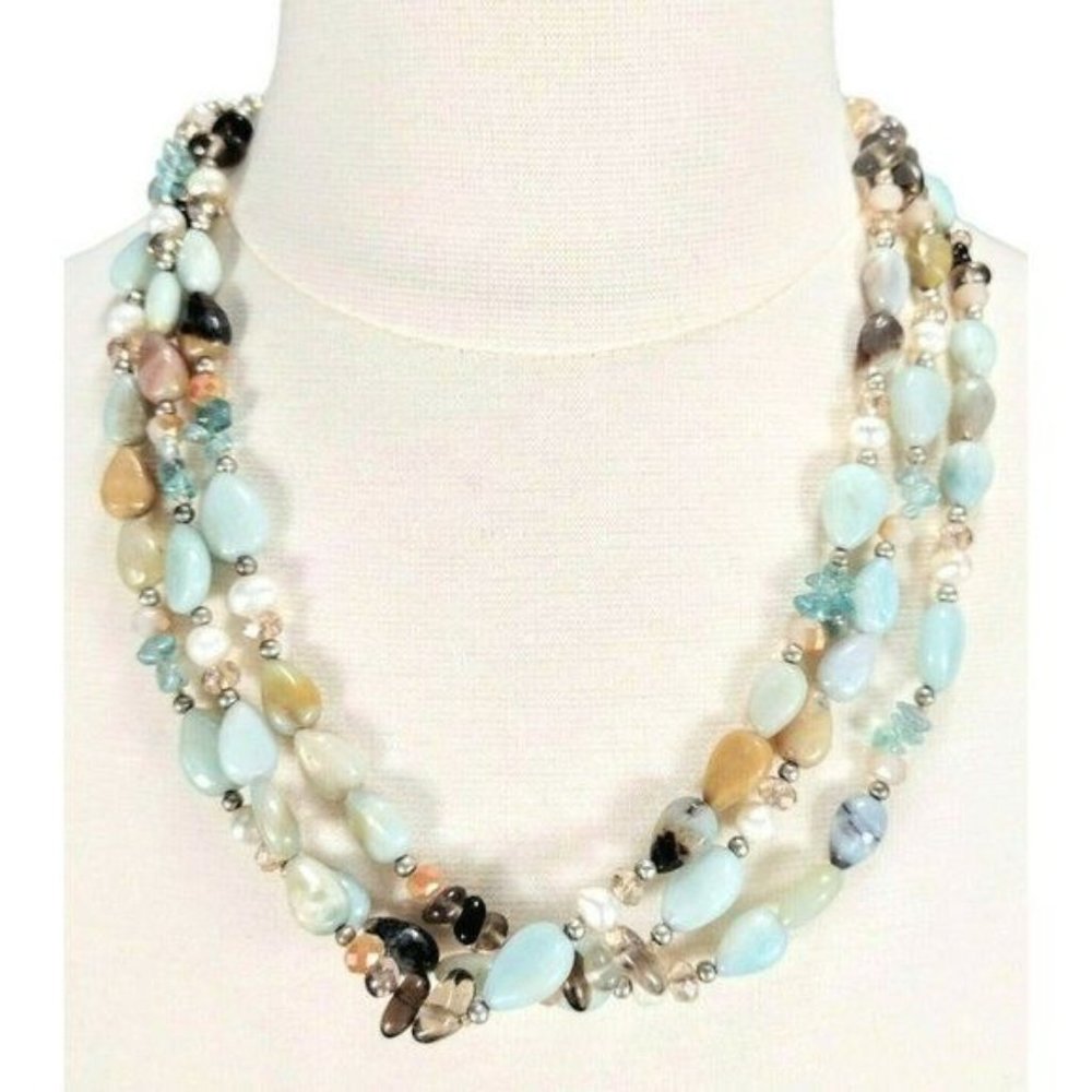 925 Sterling Silver 3-Strand Freshwater Pearl Quartz Gemstone Necklace Heavy 72G